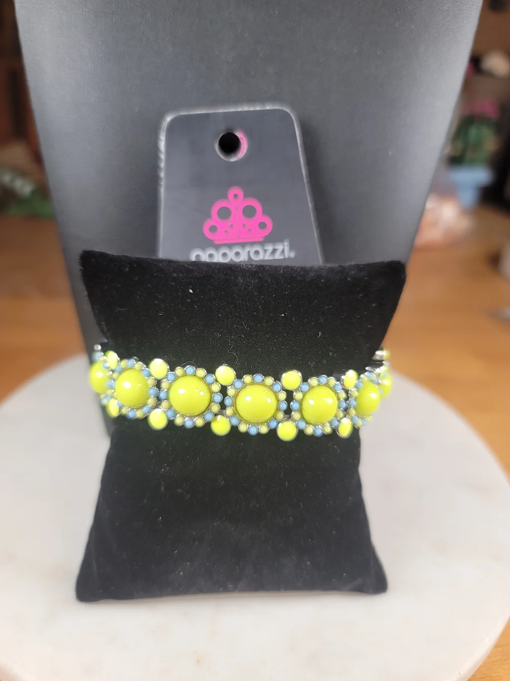paparazzi Neon Lime and Teal Beaded Cabochon Bracelet